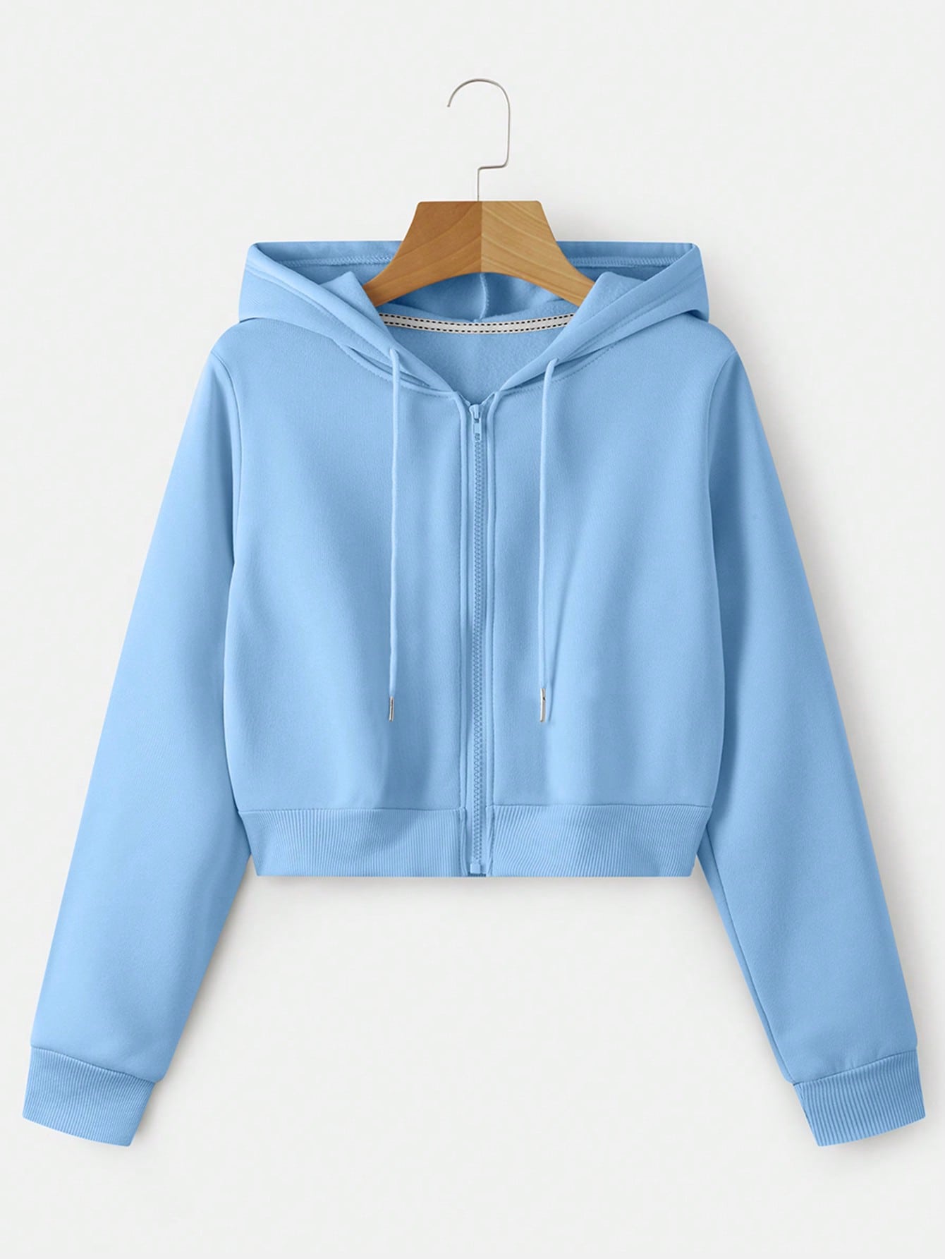 Solid Zip Up Drawstring Crop Thermal Lined Hoodie