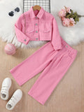 Young Girl Patch Pocket Denim Jacket & Wide Leg Jeans