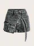 Flap Pocket Buckle Detail Denim Shorts