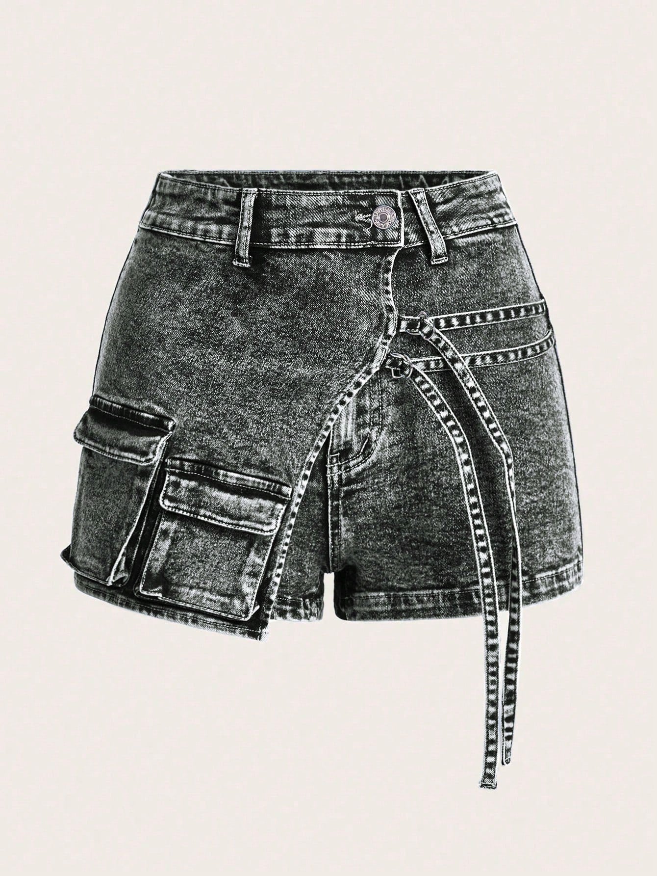 Flap Pocket Buckle Detail Denim Shorts