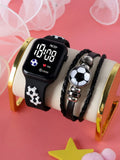 1pc Unisex Led Square Electronic Watch With Football Strap Decortion & 1pc Football Pattern Bracelet For Daily Wear