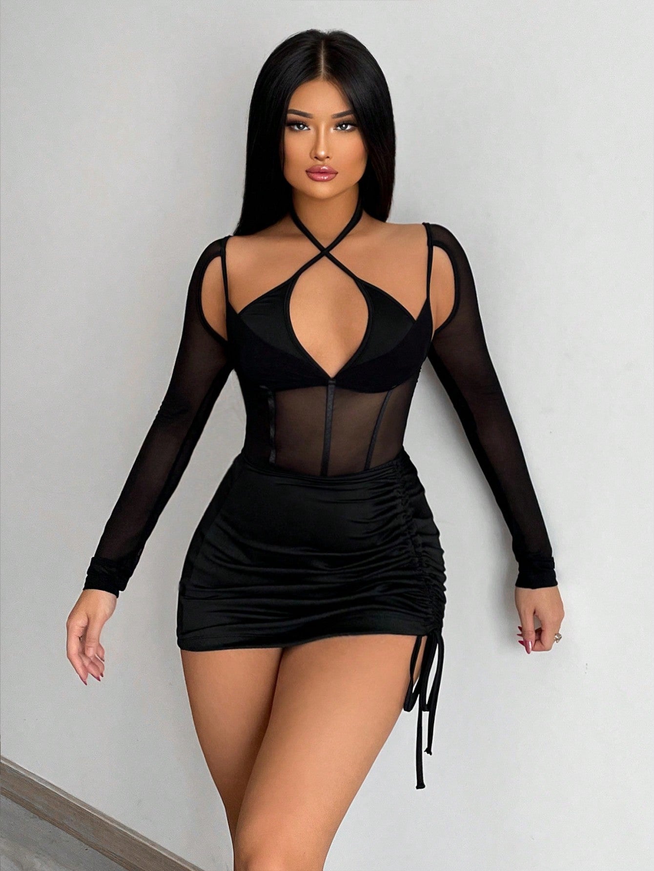 Crisscross Halter Neck Mesh Insert Bodysuit & Drawstring Side Bodycon Skirt