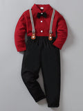 Young Boy's Gentleman Style 2pcs Valentine's Day Long Sleeve Shirt + Suspenders Pants Set, For Birthday Party, Evening Party, Performance, Wedding Season