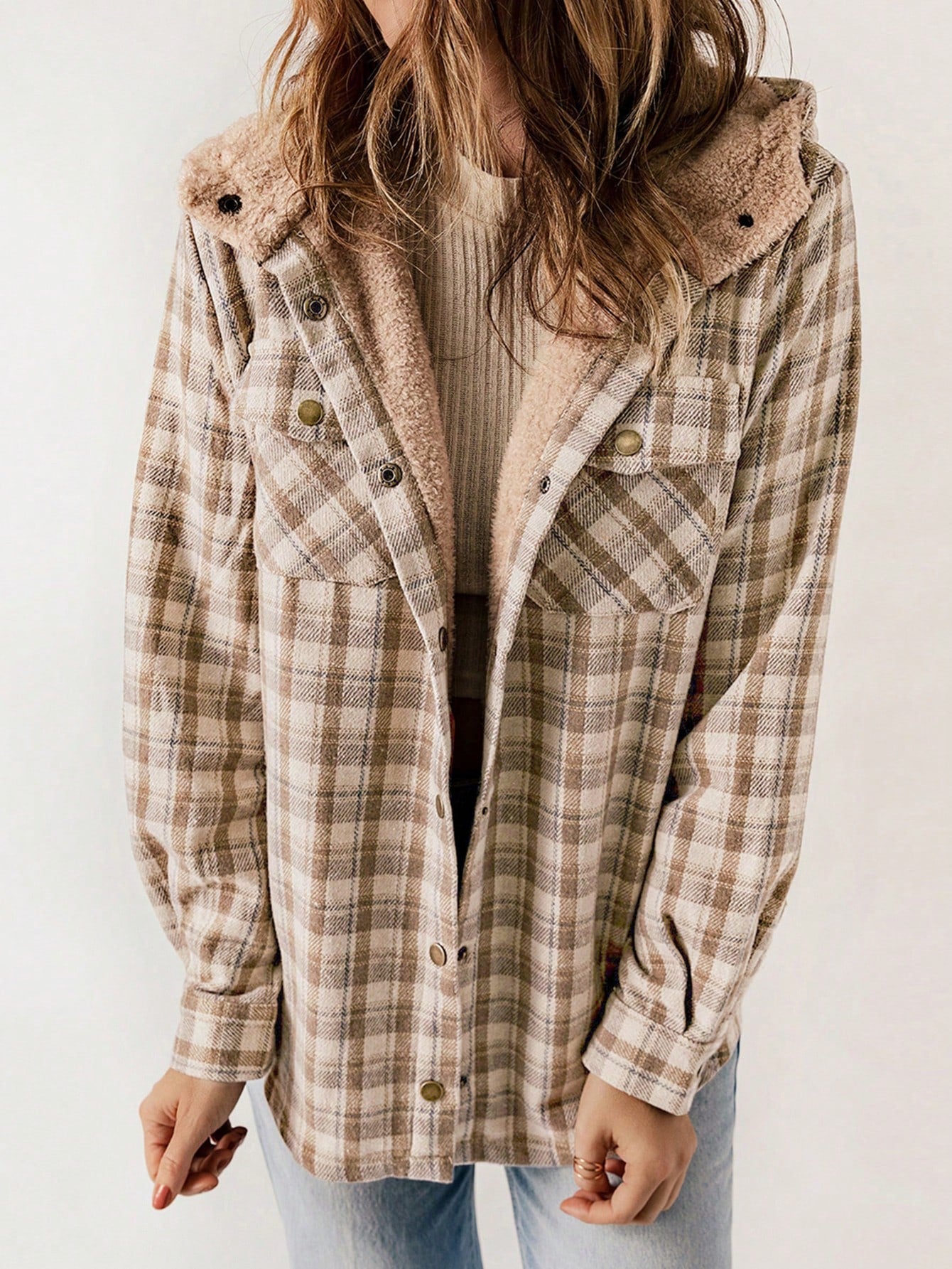 Plaid Print Teddy Lined Hooded Coat