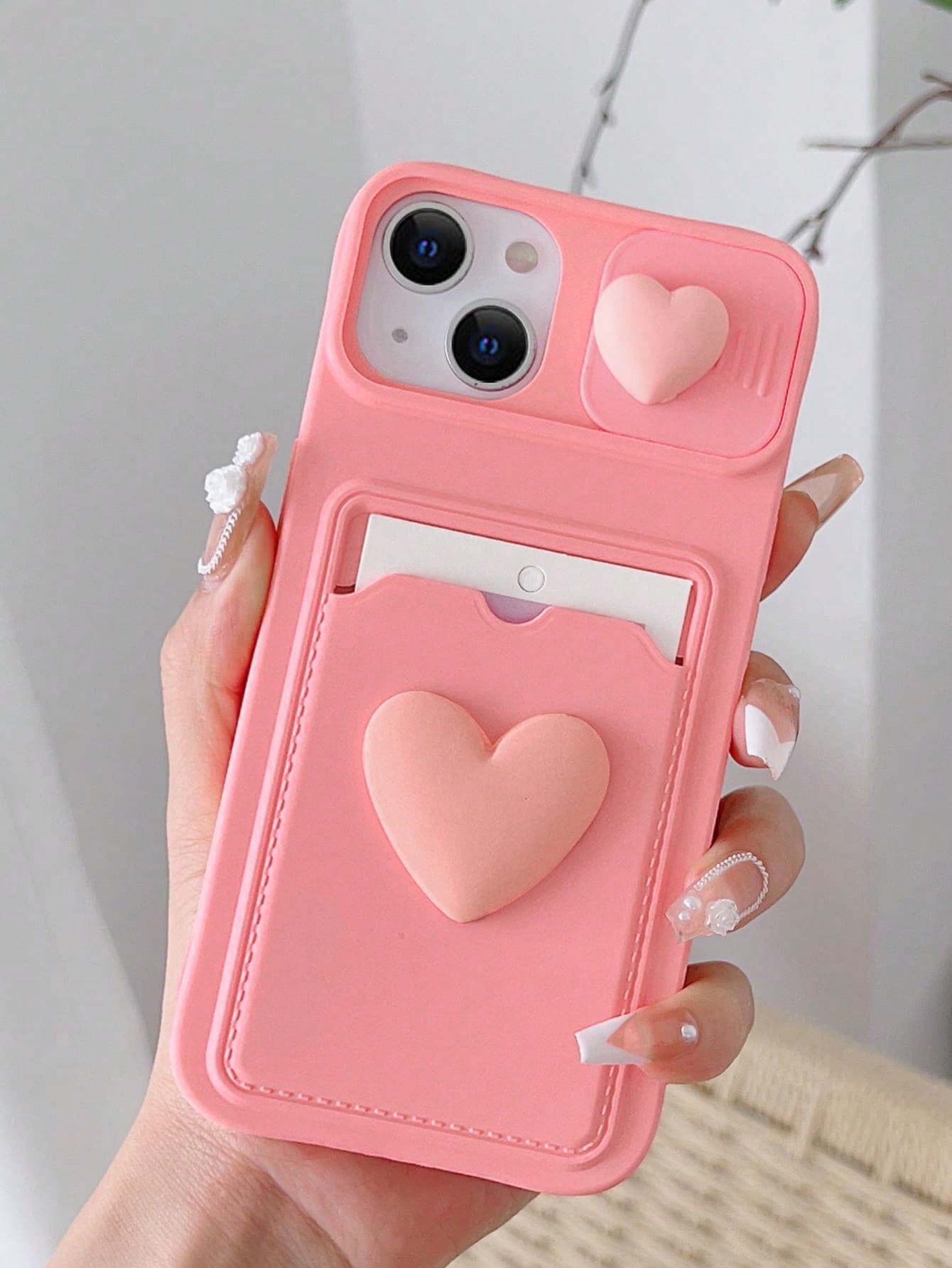 Pink Sliding Transparent Double Heart Sticker Picture Frame Card Holder Apple Phone Case