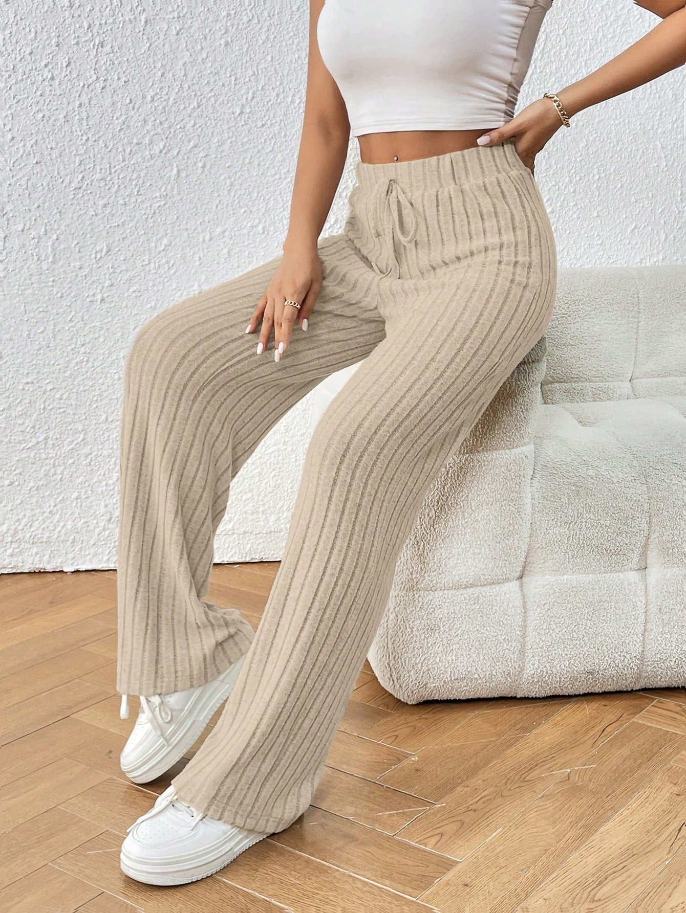 Frenchy Solid Knot Waist Ribbed Knit Pants