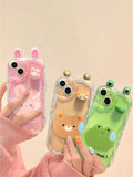 Korean Cute 3D Eyes Green Frog Transparent Wavy Phone Case Compatible With IPhone 15 14 13 12 12 11 Pro Max Plus Lovely Animal Girl Soft Shockproof Bumper Cover