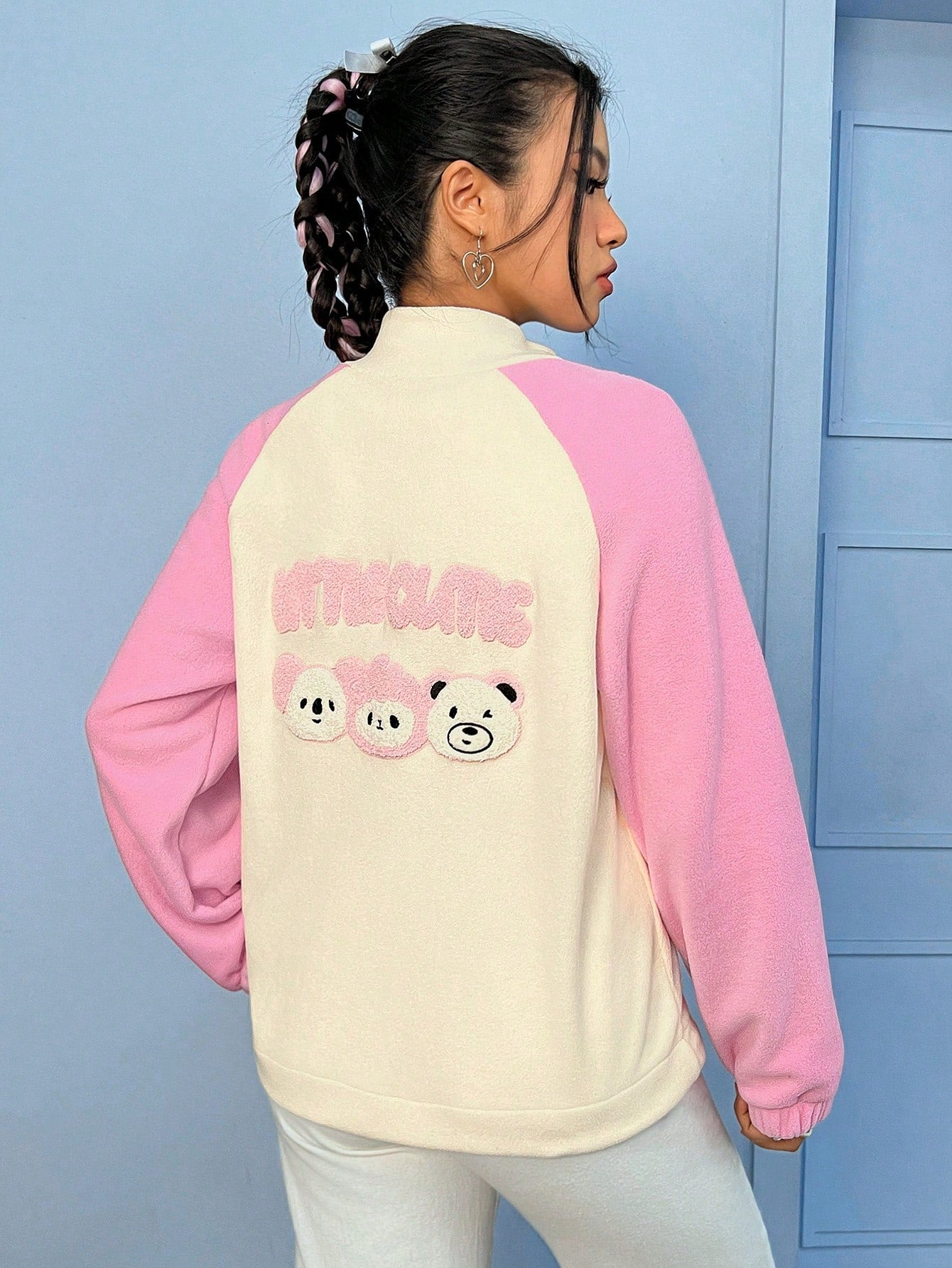 Cartoon & Letter Flocking Raglan Sleeve Two Tone Fleece Coat