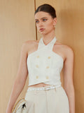 Anewsta White Hollow-Out Cross Strap Short Sleeve Blazer Jacket For Women