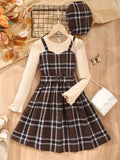 Tween Girl Plaid Print Flounce Sleeve 2 In 1 Dress & Hat