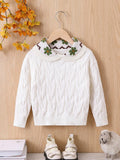 Young Girl Floral Pattern Peter Pan Collar Cable Knit Drop Shoulder Sweater