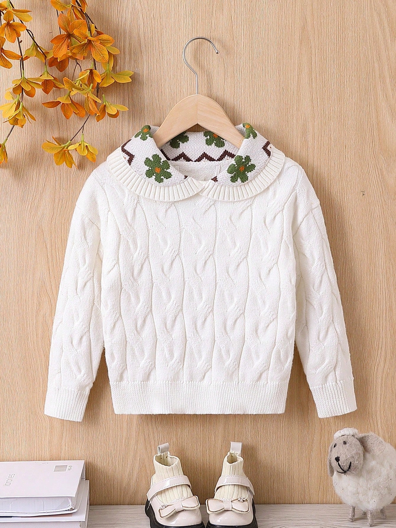 Young Girl Floral Pattern Peter Pan Collar Cable Knit Drop Shoulder Sweater