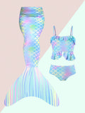 Young Girl Fish Scales Print Ruffle Hem Bikini Set With Mermaid Tail Skirt Summer Beach