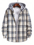 Men Plaid Drawstring Hooded Shacket Without Tee