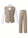 Tween Boy Gentleman 2pcs/Set Vest And Long Pants Suit, Without Shirt And Accessories, For Birthday Party, Evening Party, Performance, Wedding, Christening, Or 1st Year Celebration