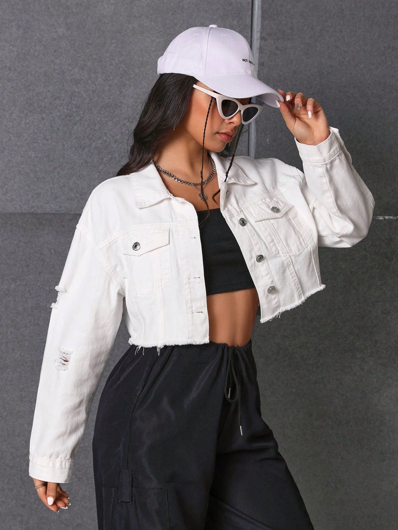 Frenchy Ripped Raw Hem Crop Denim Jacket