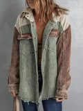 Colorblock Flap Pocket Drop Shoulder Drawstring Hooded Corduroy Coat