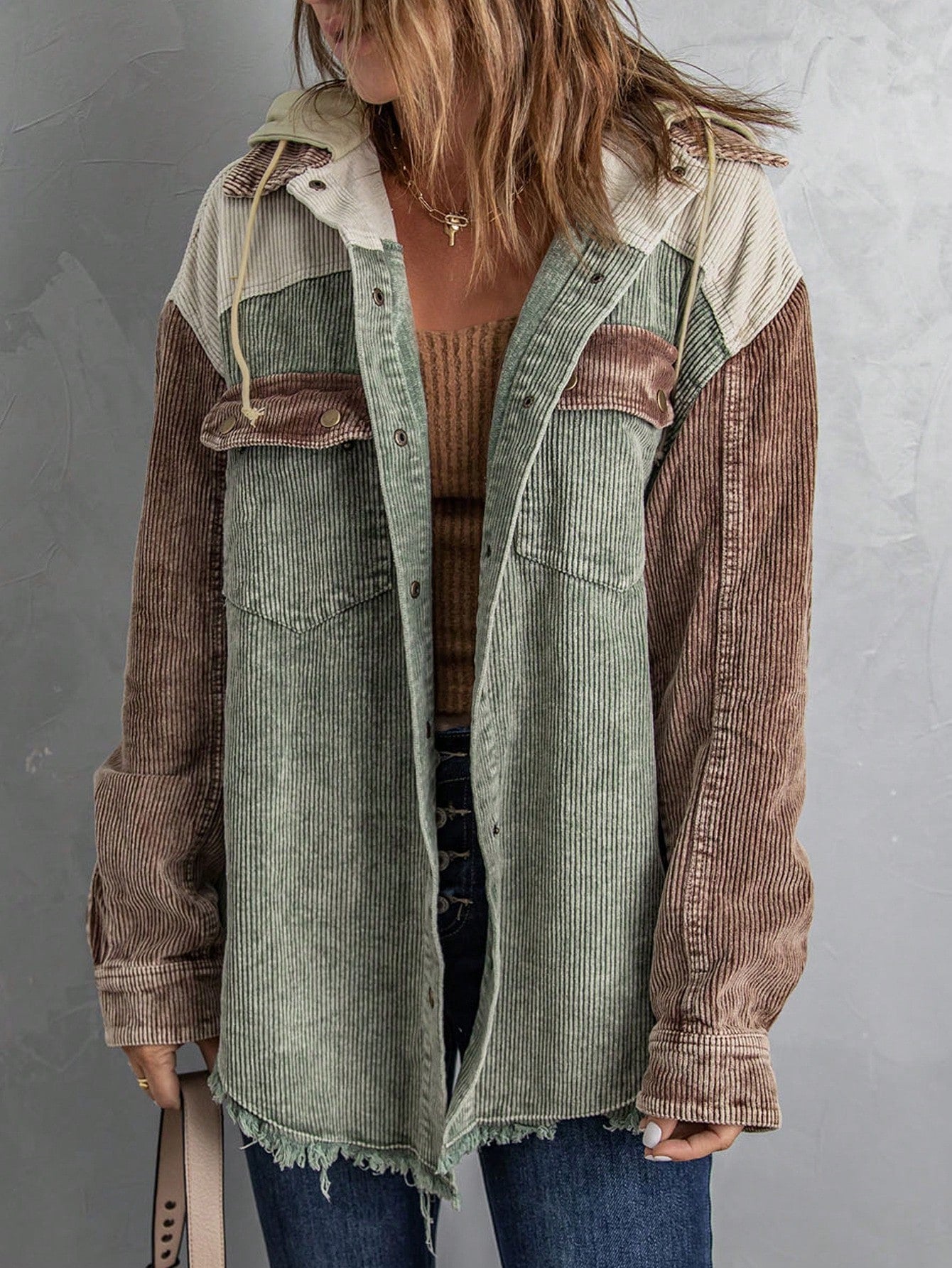 Colorblock Flap Pocket Drop Shoulder Drawstring Hooded Corduroy Coat