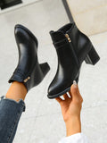 Chunky Heel Round Toe Medium Ankle Boot, Fashion Comfortable And Slimming Bootie For Winter