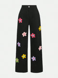 Tween Girl Sporty Casual Loose Straight-Leg Pants With Colorful Flower Pattern, Woven Fabric