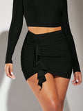 Ruffle Trim Ruched Draped Front Bodycon Skirt