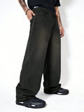 Loose Fit Men's Dark Wash Denim Jeans With Slant Pockets