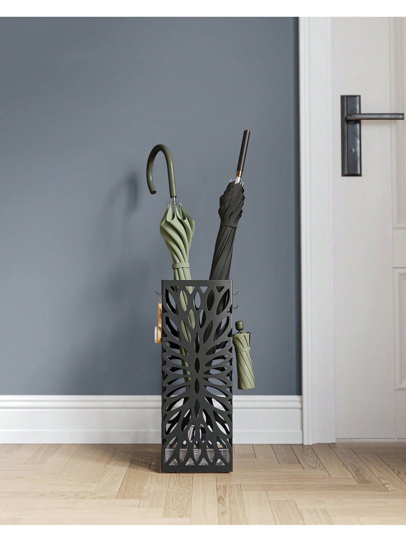 SONGMICS Umbrella Stand, Umbrella Holder for Entryway, Steel Square Umbrella Rack Organizer Freestanding, for Canes Walking Sticks, with a Detachable Drip Tray, 4 Hooks, Black