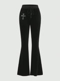 Goth Cross Pattern Drawstring Waist Velvet Flare Leg Pants