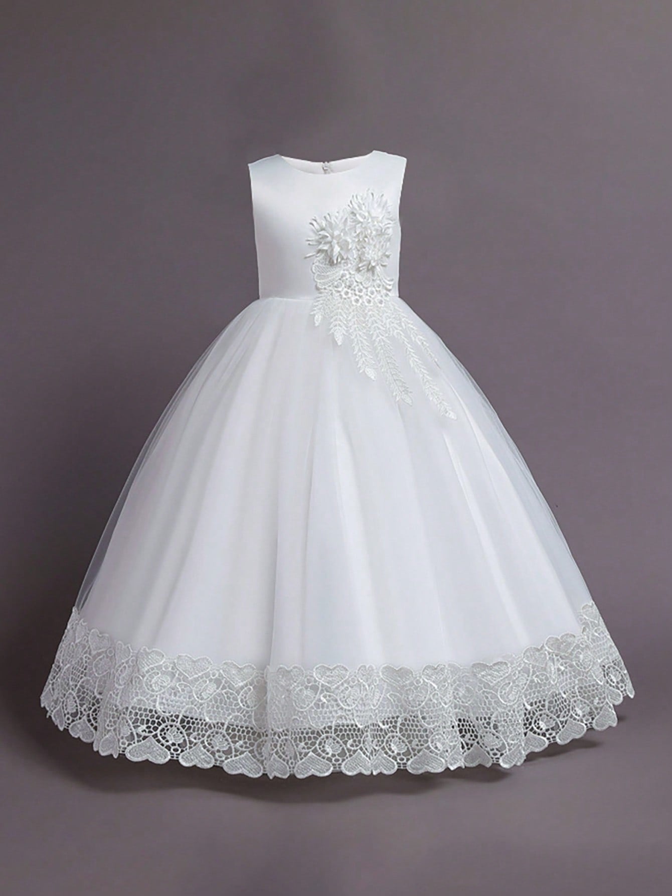 Tween Girl Solid Color Tulle Dress With 3d Flowers Decor For Elegant & Gorgeous Look, Perfect For Wedding & Banquet