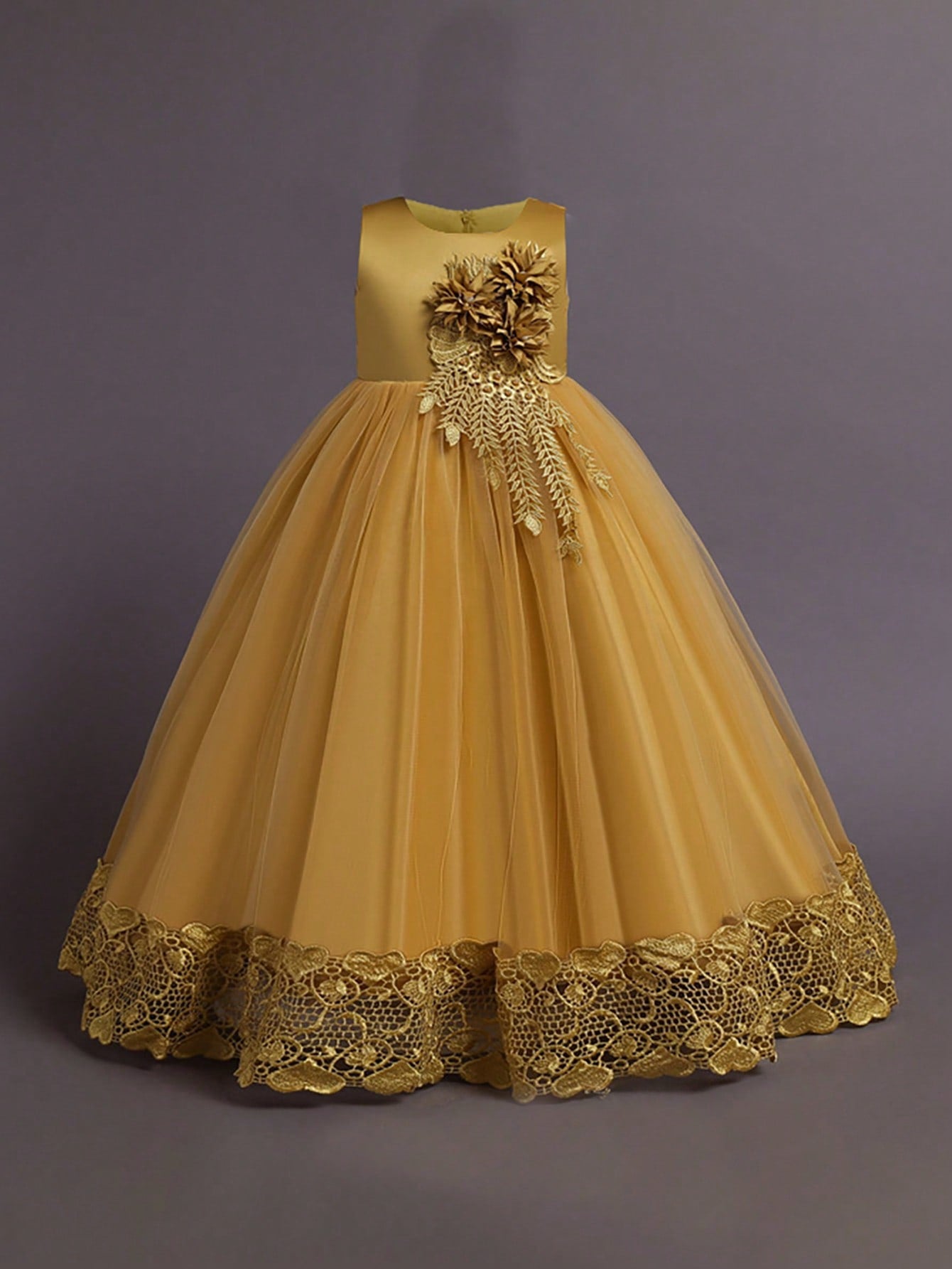 Tween Girl Solid Color Tulle Dress With 3d Flowers Decor For Elegant & Gorgeous Look, Perfect For Wedding & Banquet