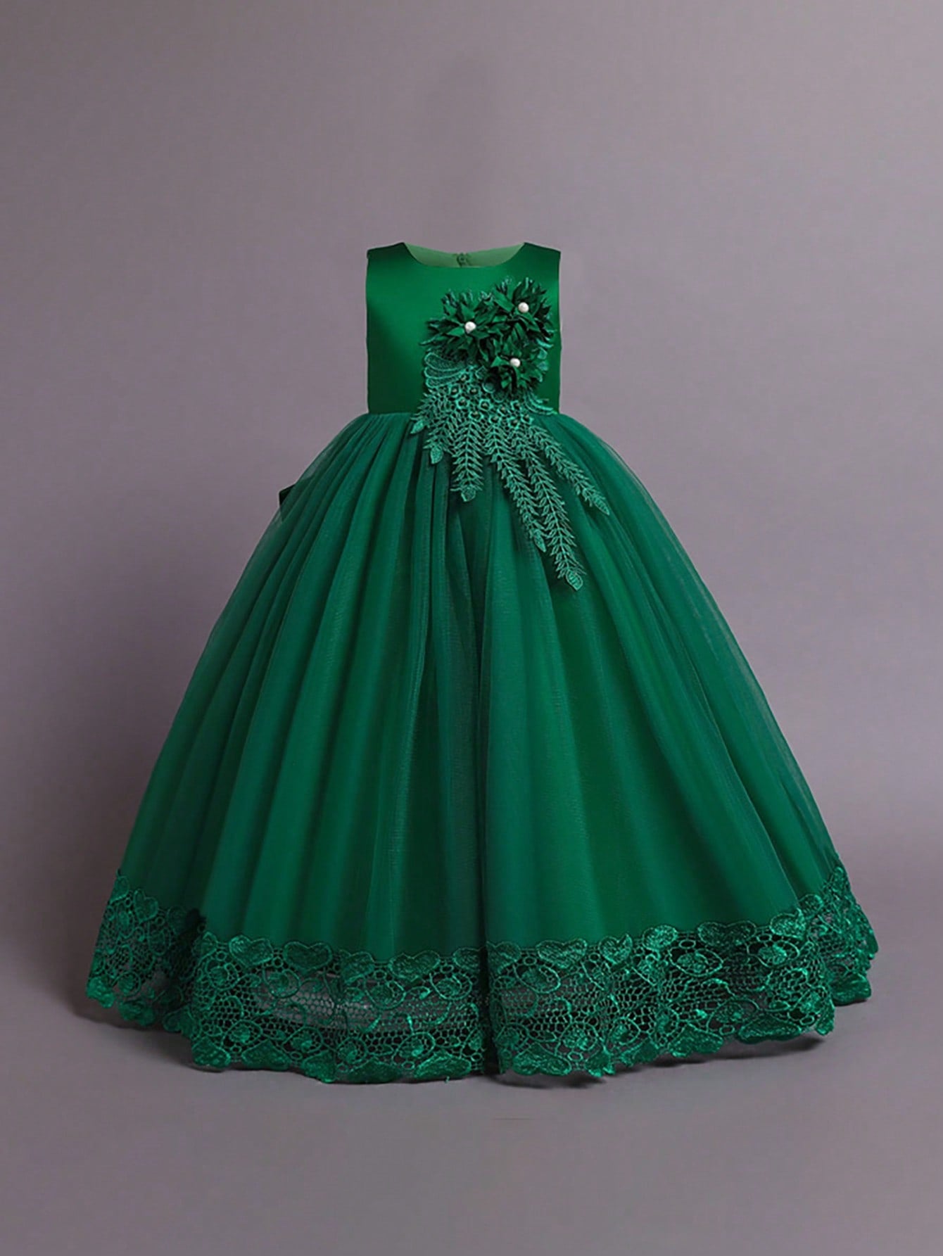 Tween Girl Solid Color Tulle Dress With 3d Flowers Decor For Elegant & Gorgeous Look, Perfect For Wedding & Banquet