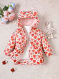 Toddler Girls' Full-print Heart Pattern 3d Ear Hooded Padded Coat