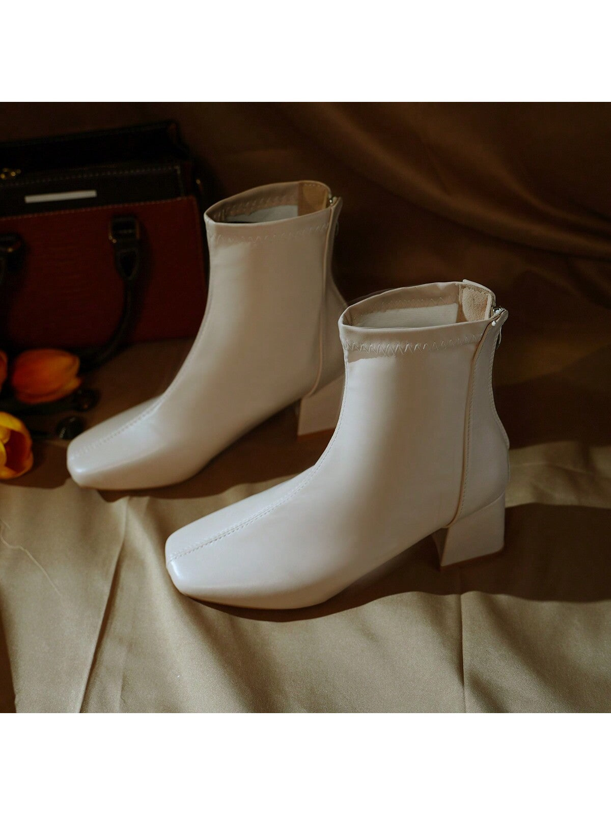 Chunky Heel Ankle Boots For Women, 2023 Spring & Autumn New Arrival, White Round Toe Boots
