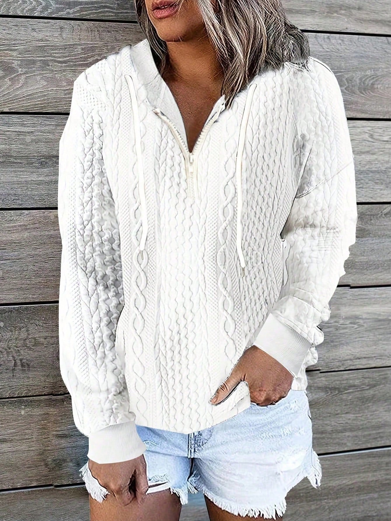 Solid Zip Up Drop Shoulder Drawstring Hoodie