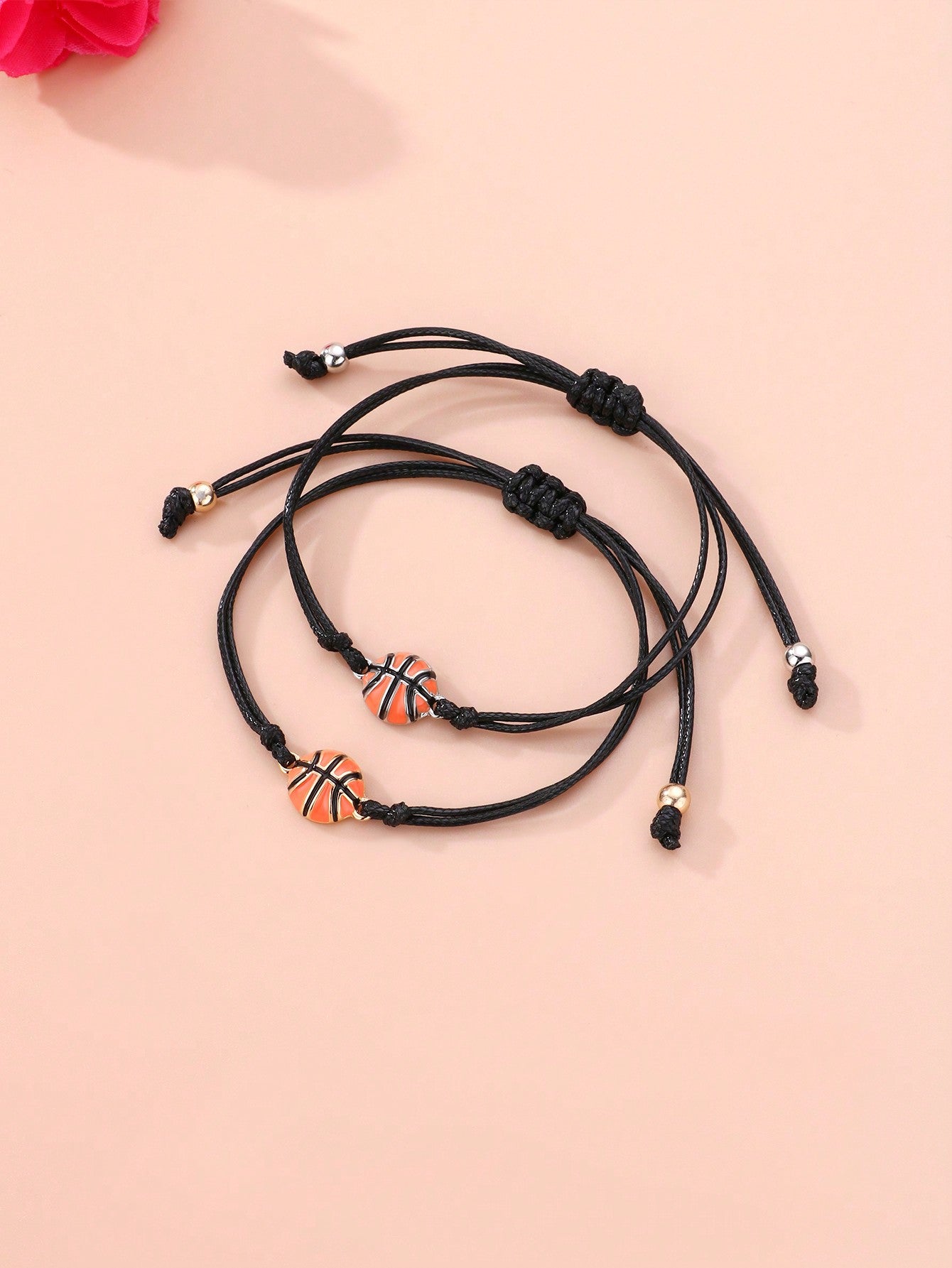 2pcs/Set Boys' Football Element Zinc Alloy & Black Wax Cord Braided Bracelet With Adjustable Size For Daily Wear, Gift
