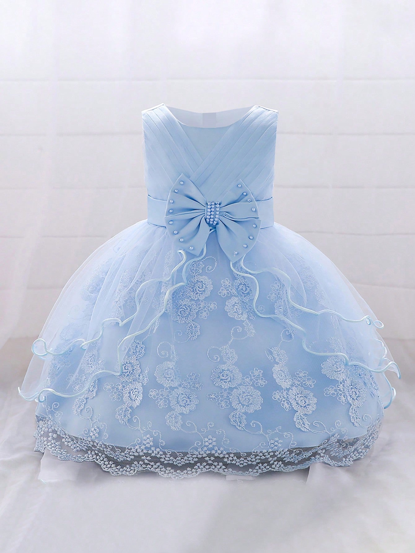 Young Girl Solid Color Tulle And Satin Fluffy Dress With Bow Decoration, Elegant And Gorgeous Party Dress Suitable For Birthday Party