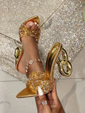 Women's Fashionable Pointed Toe Gold Tpu & Rhinestone Clear Pc High Heel Sandals For Going Out