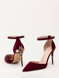 European And American Style Fashionable Metal Flower Stiletto High Heel Wedding Shoes For Women, Pointed Toe Ankle Strap Sandals