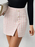 Frenchy Plaid Pattern Button Detail Tweed Skirt