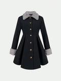 Contrast Teddy Collar Fold Pleated Overcoat