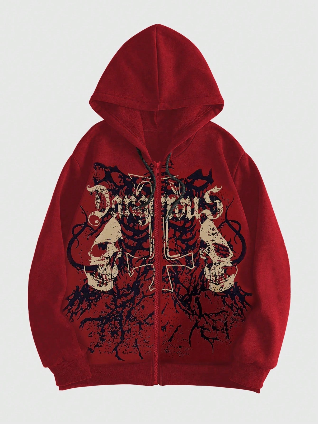 Punk Men'S Skull Letter Print Zipper Front Hooded Long Sleeve Sweatshirt