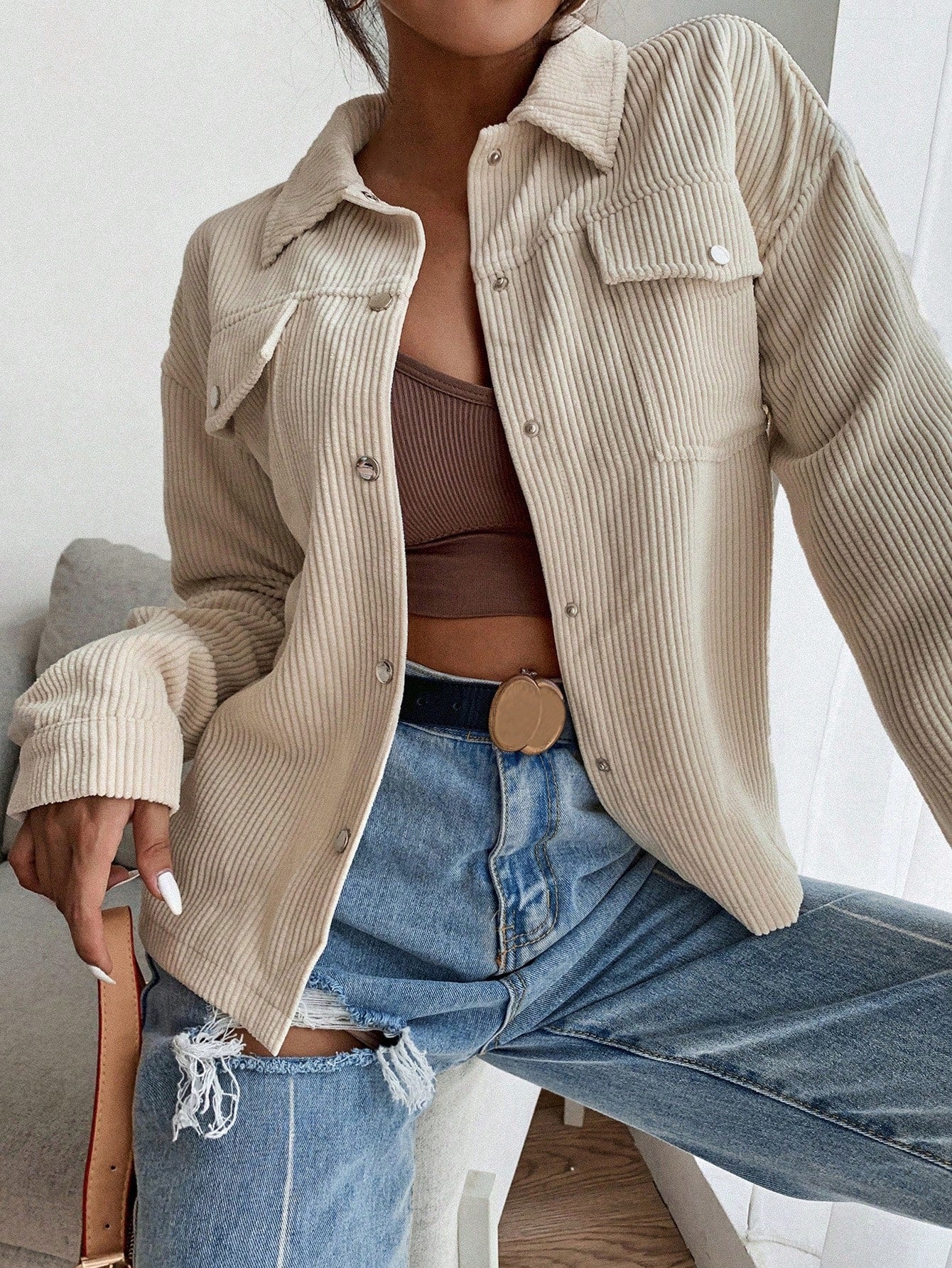 Apricot Flap Pocket Button Front Corduroy Jacket