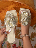Women's Flat Slippers, Pleated Gold Elegant Summer Casual Slip-On Sandals, Pointed Toe Glitter Gold