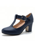 Fereshte Women's T-Strap Mary Jane Pumps Low Block Chunky Heels Closed Round Toe Dress Wedding Office Work Shoes