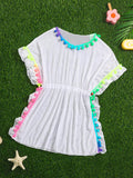 Young Girl Batwing Sleeve Cover Up With Pom Pom Trim