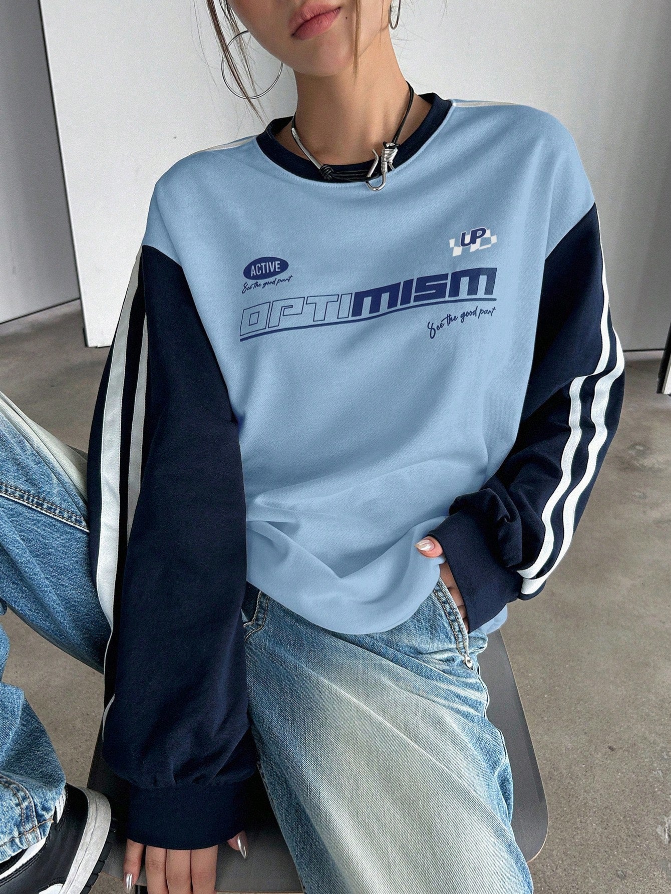 Letter Graphic Striped Side Drop Shoulder Sweatshirt