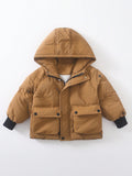 Toddler Boys' Brown Hooded Casual Autumn/winter Warm Jacket With Letter Print