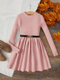 Tween Girl Long Sleeve Round Neck Sweater Dress With Swing Hem, Belt Not Included