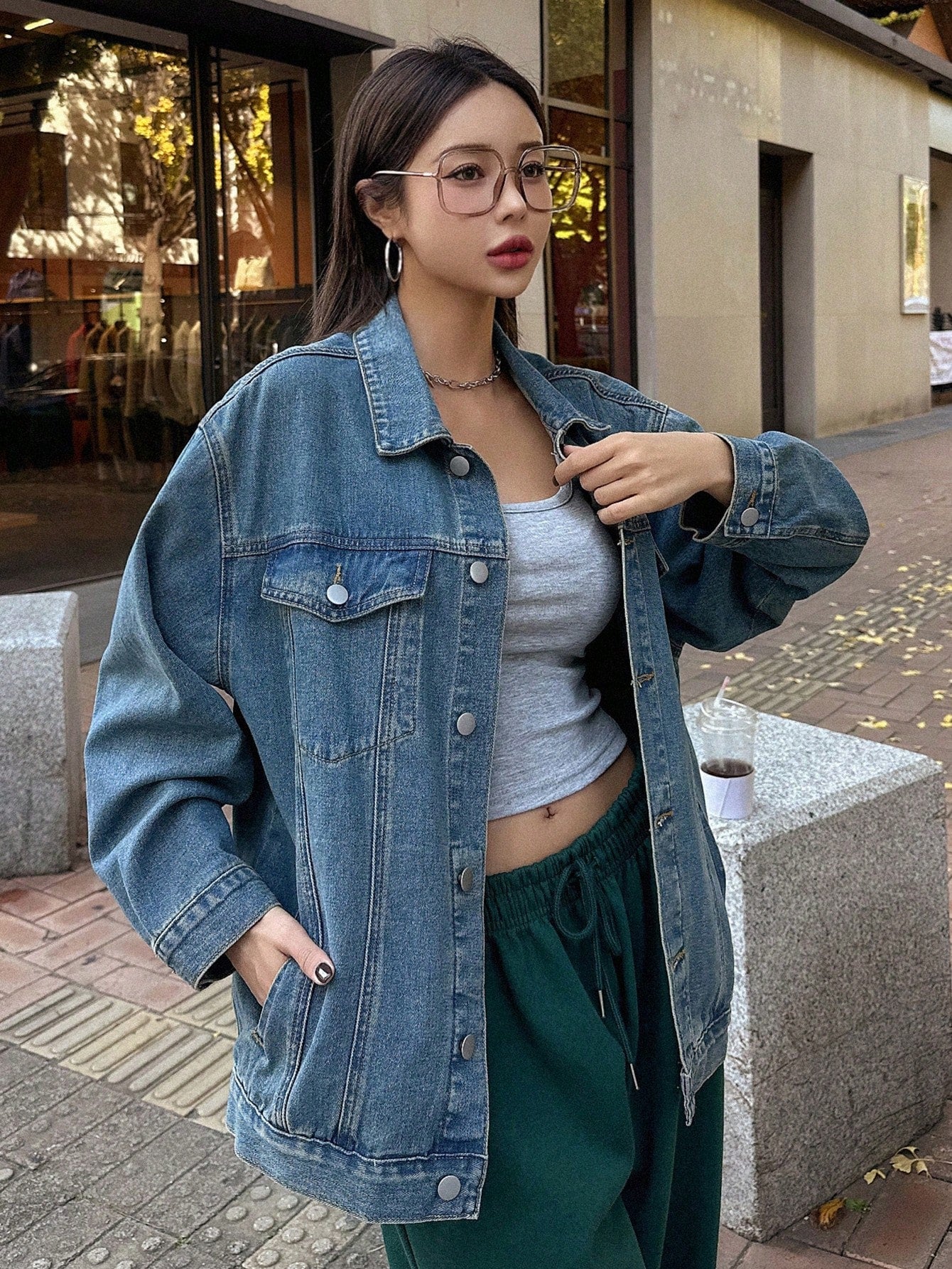Flap Detail Drop Shoulder Denim Jacket