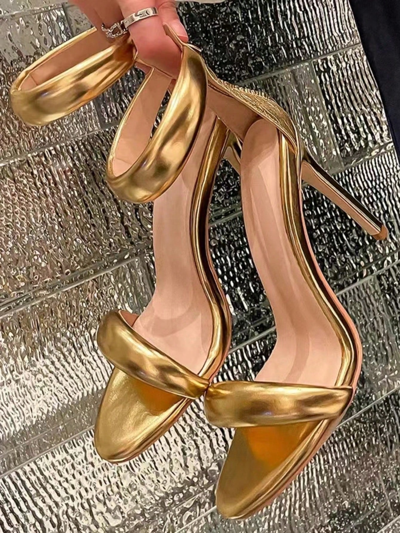 Fashionable Gold Strappy Stiletto Sandals, Open Toe And Ankle Strap, Perfect For Runway Shows